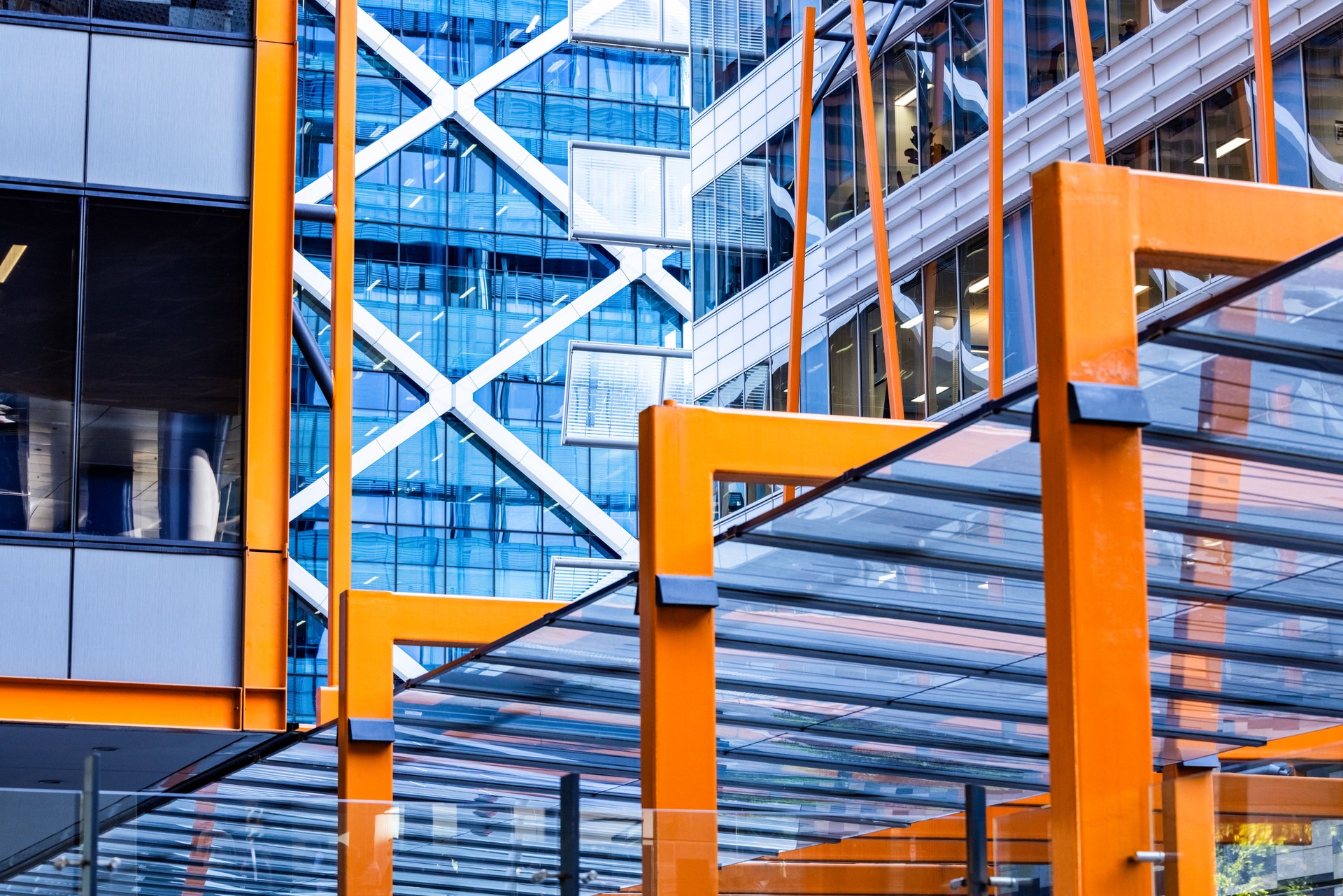 Closeup modern corporate buildings, abstract background with copy space